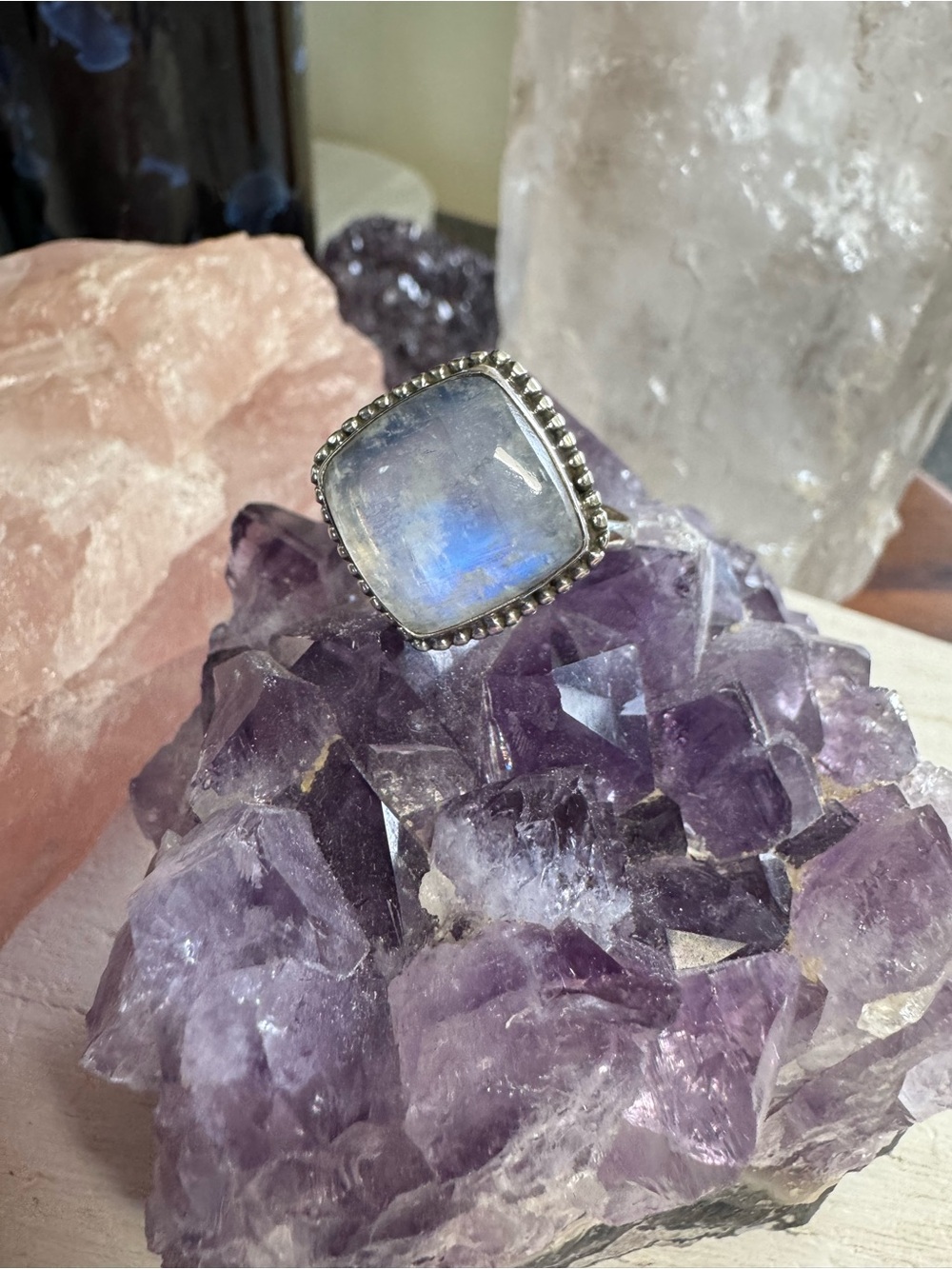 Rainbow Moonstone Sterling Silver Square Statement Ring - Size 11.75 - 12